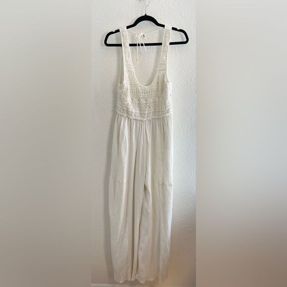 Free people Soleil wide leg cream jumpsuit romper gauzy cotton and crochet small - Picture 6 of 13